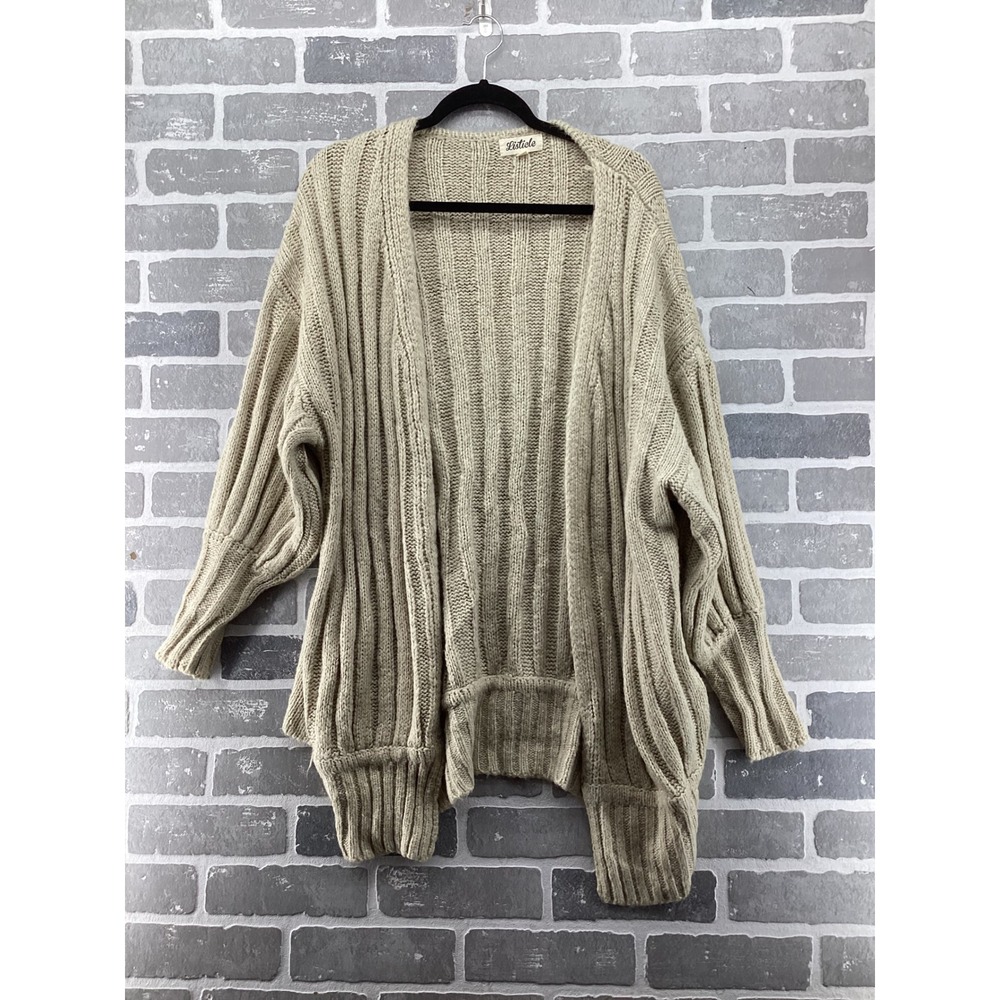 Listicle Women Beige Chunky Ribbed Knit Open Front Cardigan Sweater Large Pocket